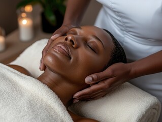 Relaxed African American woman receiving facial massage indoors