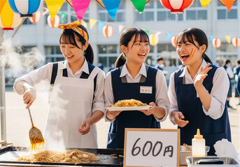 High School Girls Making Yakisoba with Smiles at a Lively School Festival