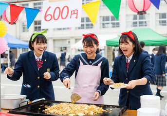Three High School Girls Happily Making Takoyaki on a Sunny School Festival Day