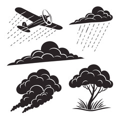 Airplane rain clouds smoke tree grass silhouettes biplane propeller © nalu