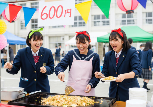 Three High School Girls Happily Making Takoyaki on a Sunny School Festival Day