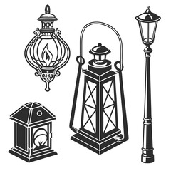 Antique lantern silhouettes with flame and street lamp oil lamp vintage