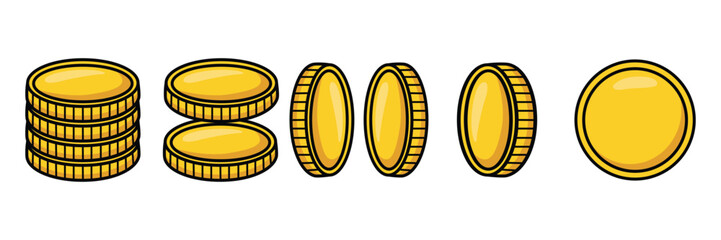 gold coin stack and single coins vector illustration, money currency clipart, digital finance icon