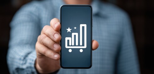 Hand holding a smartphone with a graph icon on the screen, against a blurred blue shirt background