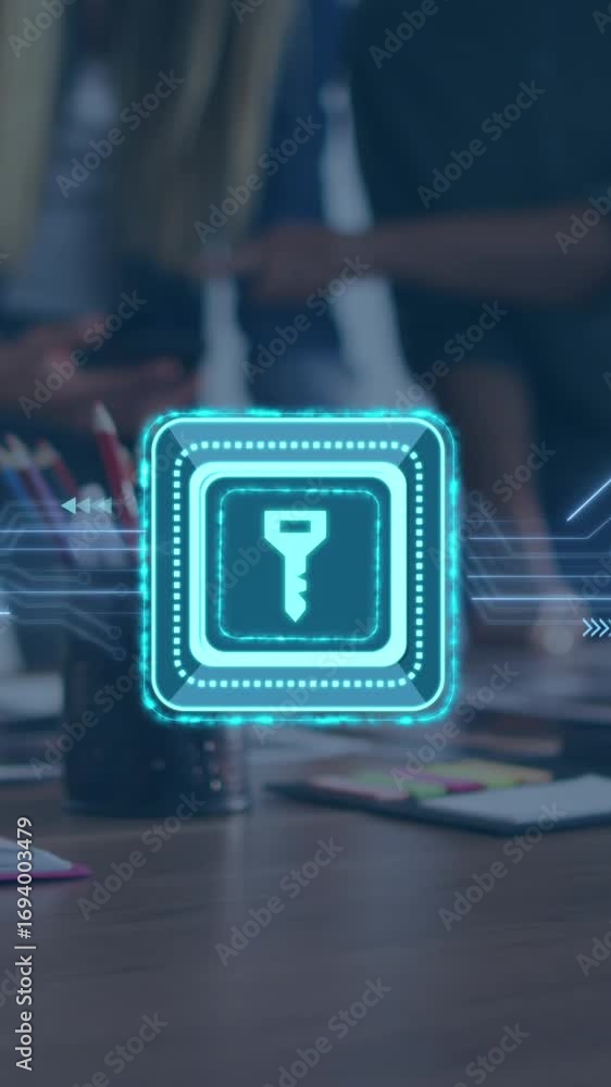 Poster animation of data processing with keychain icon over diverse business people in office