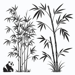 Obraz premium Black bamboo stalks with leaves and panda plant silhouette