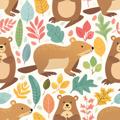 Beaver harmonious pastel vector pattern ideal for seamless textures.