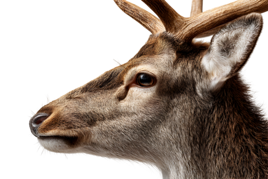 Side profile portrait of deer with antlers and soft brown fur isolated on transparent background