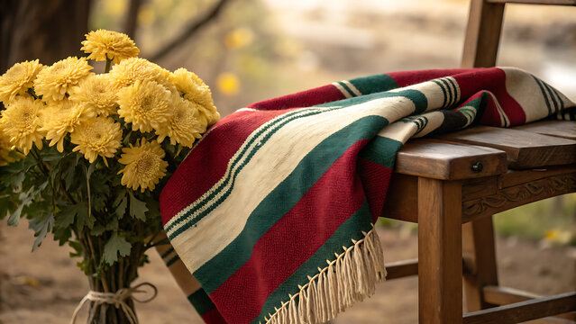 Cozy autumn scene with yellow chrysanthemums and a striped blanket on a wooden chair