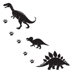 Black dinosaur silhouettes and footprints on white vector © nalu