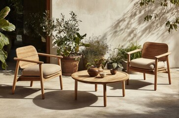 Outdoor patio setup two wooden chairs, round table, tea set, potted plants, sunlit wall, serene setting