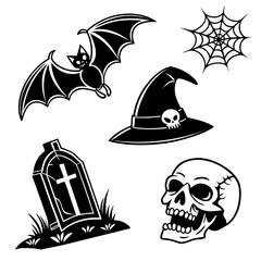 Black Halloween icons bat spiderweb witch hat tombstone skull vector