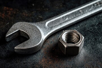 A wrench and a nut sit atop a dark speckled surface The metal objects are silvery and show signs of wear