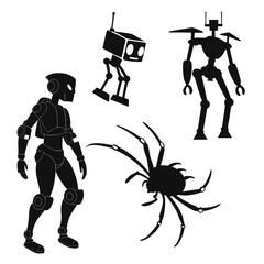 Black robot silhouettes and spider android