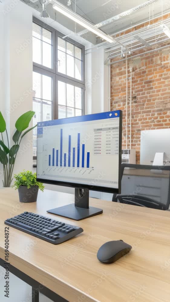 Aufkleber modern office workspace showcases a computer screen with data analytics while greenery adds a touch 