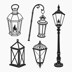 Black silhouette lanterns and street lamp collection white