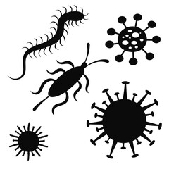 Black silhouette shapes of microorganisms and viruses bacteria