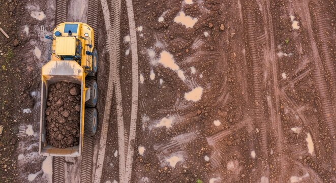 Aerial view of a heavy-duty articulated dump truck filled with earth traversing a muddy construction site with numerous tire tracks and standing water