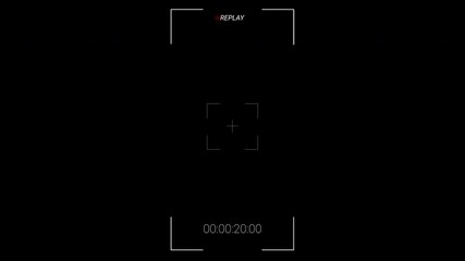 Vertical replay text animation screen overlay animation with digital viewfinder HUD, red circle record symbol and timer on dark screen - Powered by Adobe