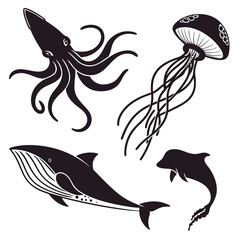 Black silhouettes of marine life squid jellyfish