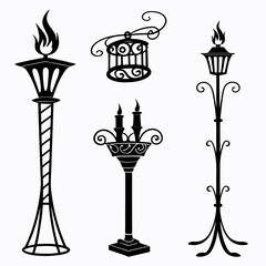 Black silhouettes of torches candles and lantern with flames vector