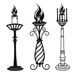 Black silhouettes of torches and candles with flames vector