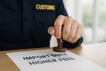 import duty policy impact concept. Customs officer stamping import duty document.