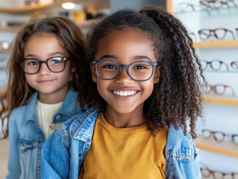 Two girls smiling in optical store during daytime