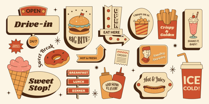 Retro fast food sticker sign set with burger, fries, hot dog, donuts, soda and more street food. Vector illustration in vintage diner mid century 50s style for stickers, branding, posters