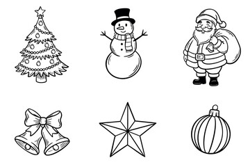 A collection of Christmas-themed illustrations including a decorated tree, snowman, Santa Claus, bells, star, and ornament. Simple black and white line art.