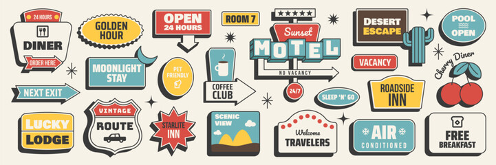 Retro sticker set. Motel signboards, road directions, travel and summer trip elements. Vector illustration in vintage midcentury style for road trip and vacation designs © Dukhanina Ekaterina