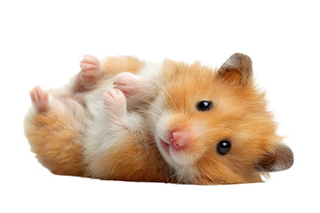 Adorable fluffy hamster lying on back with curious eyes and soft fur isolated on transparent background
