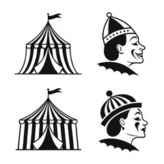 Circus tents and clown faces silhouettes black and white performance