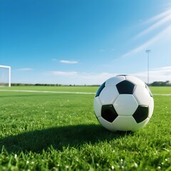 Fototapeta premium Soccer ball resting on green grass field with goal in background under blue sky