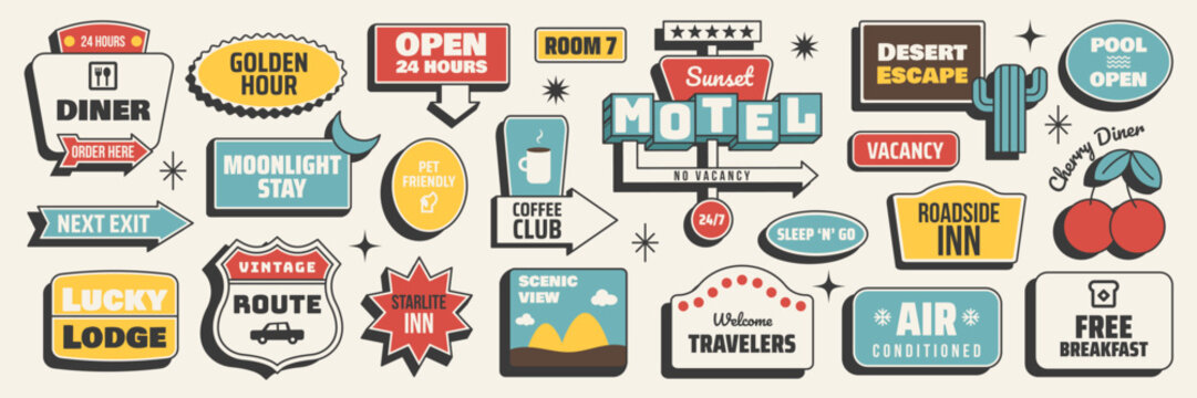 Retro sticker set. Motel signboards, road directions, travel and summer trip elements. Vector illustration in vintage midcentury style for road trip and vacation designs