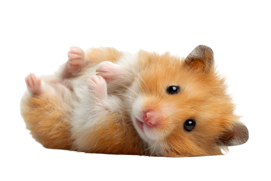 Adorable fluffy hamster lying on back with curious eyes and soft fur isolated on transparent background