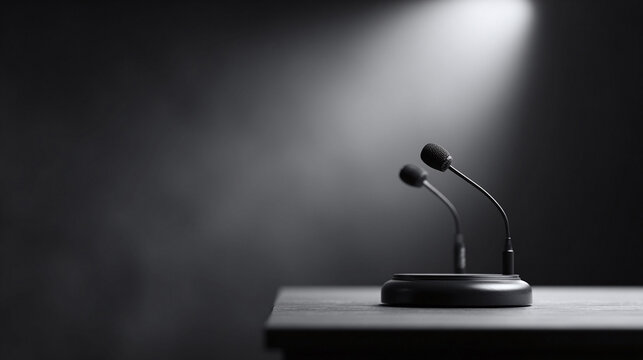 Two microphones stand ready, bathed in dramatic spotlight. Power, speech, and important announcements are suggested by the formal black and white tone. Perfect for presentations or events.