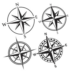 Compass rose direction icons black white navigation north