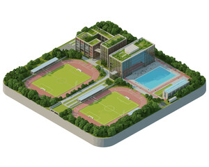 Obraz premium Isometric View of a Sustainable School Campus Design with Sports Fields and Green Roofs showcasing innovative educational architecture