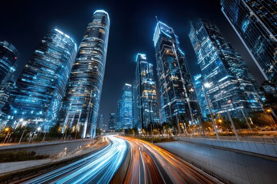 Modern city skyscrapers and light trails at night