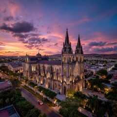 Naklejka premium A grand cathedral at sunset, cityscape view