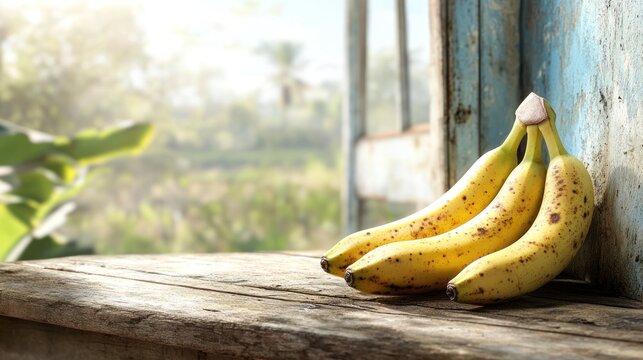Close-up of bright yellow bananas on a wooden table, fresh fruit with a healthy appeal, creating a welcoming atmosphere in a cozy kitchen with soft morning light.