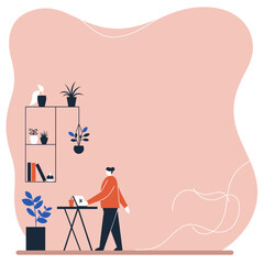 A person stands working on a laptop at a modern home office with plants, embodying remote work, productivity, and a balanced lifestyle.