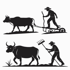 Farmers Plowing Field With Oxen And Rake vector