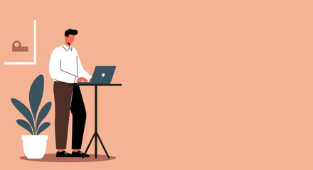 Modern professional man working on a laptop at a standing desk in a minimalist office, symbolizing productivity, remote work, and focused corporate tasks. Ample copy space.