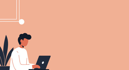 Illustration of a person focused on a laptop, depicting remote work, online learning, or digital productivity from a home office setting. Ideal for business and technology themes.