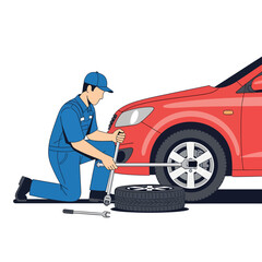 A male mechanic in a blue uniform is kneeling and using a lug wrench to change a flat tire on a red car.