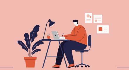 Person working diligently at a home office desk with a laptop, reflecting remote work, online learning, and productivity. Ideal for business, education, and lifestyle content.