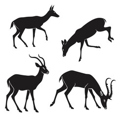 Four black antelope and deer silhouettes in various poses standing