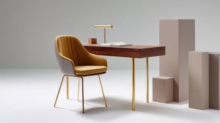 Hyperreal 3D workspace with a polished oak desk, a framed motivational quote in sleek sans-serif typography, warm golden lighting, floating geometric shapes in muted taupe, neutral light gray